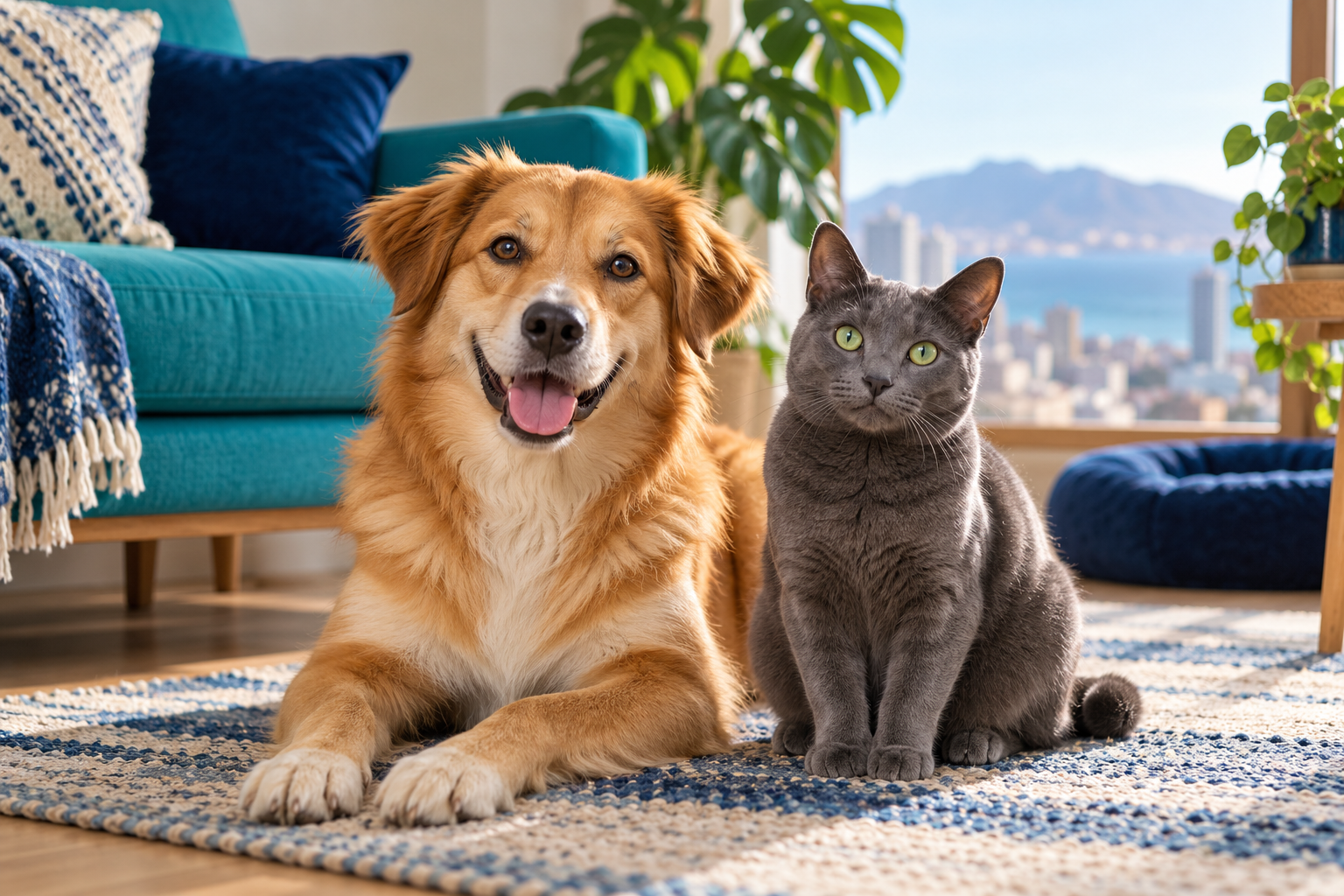Un perro y un gato juntos en una sala luminosa